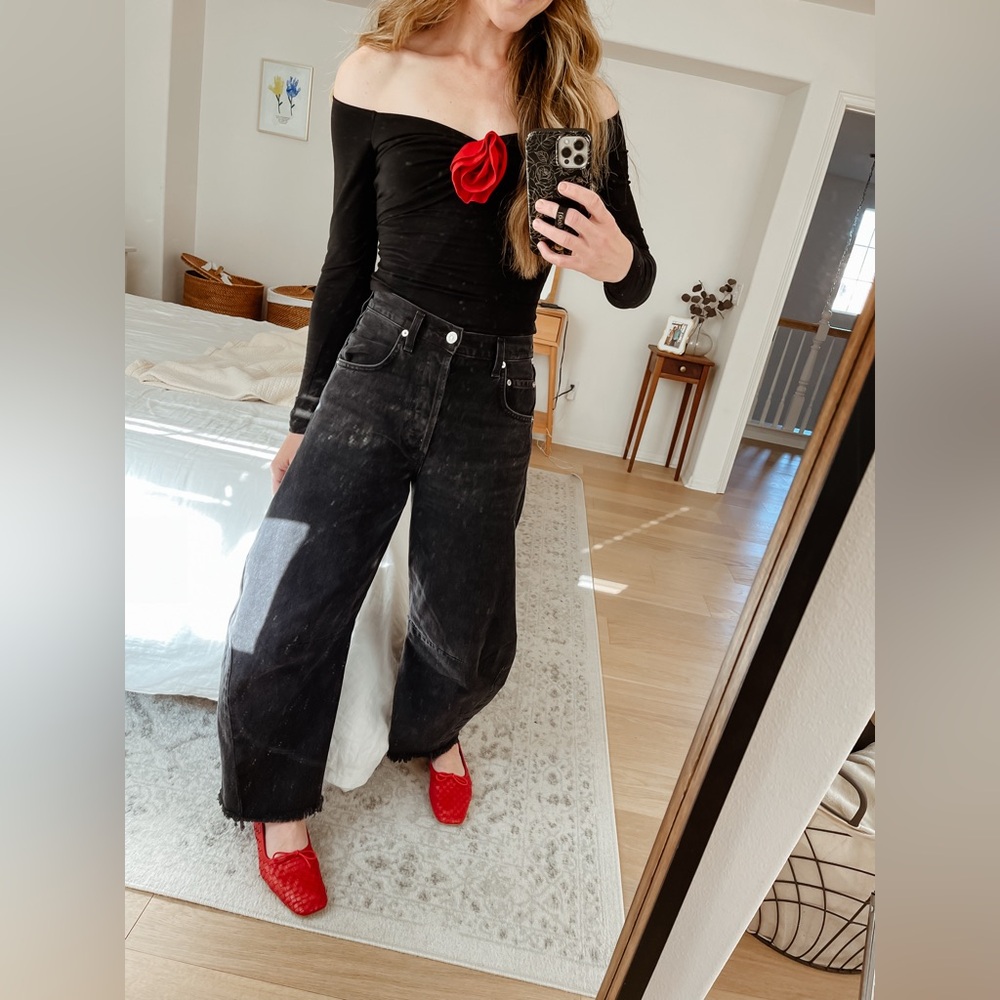 Reformation Black Ruched Long Sleeve Top with Rose